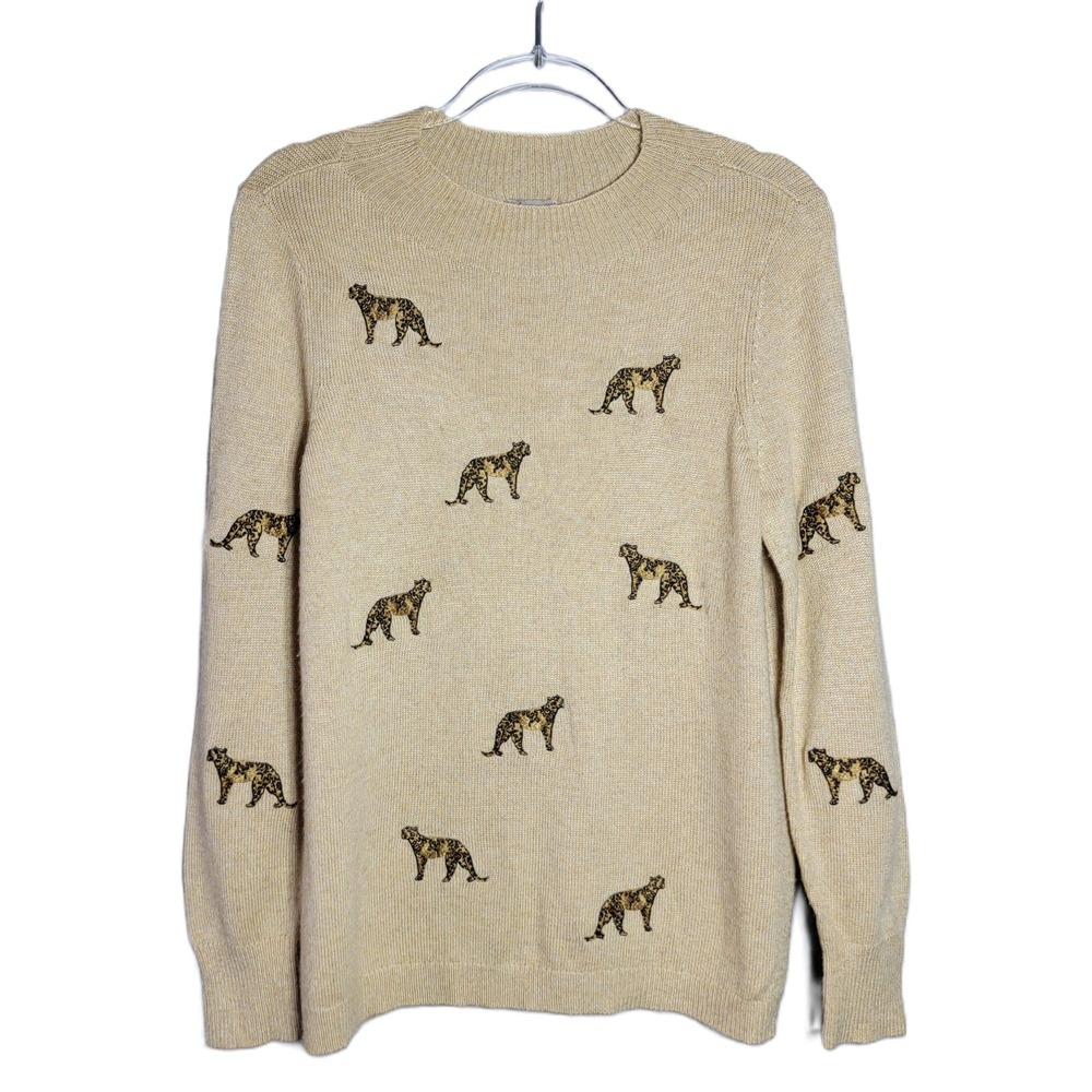 Chicos Tan Embroidered Cheetah Cashmere Wool Blend Crewneck Sweater Medium